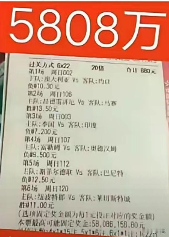足球竞彩居然中5000多万，这运气也太好了吧！880元20倍投，过关方式是6串2