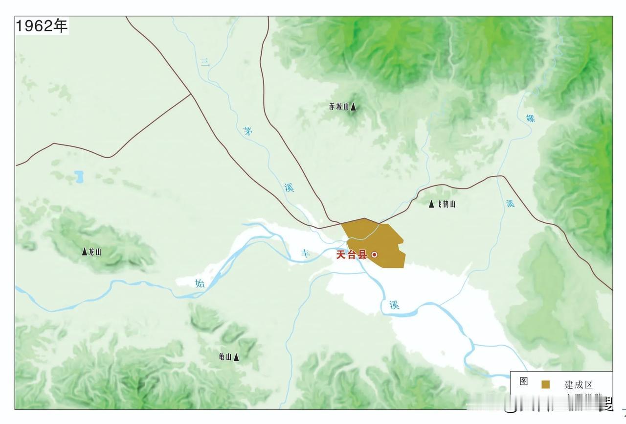 1962年至2021年天台县建成区变迁图。天台县的建成区从始丰溪西岸的一小块地，