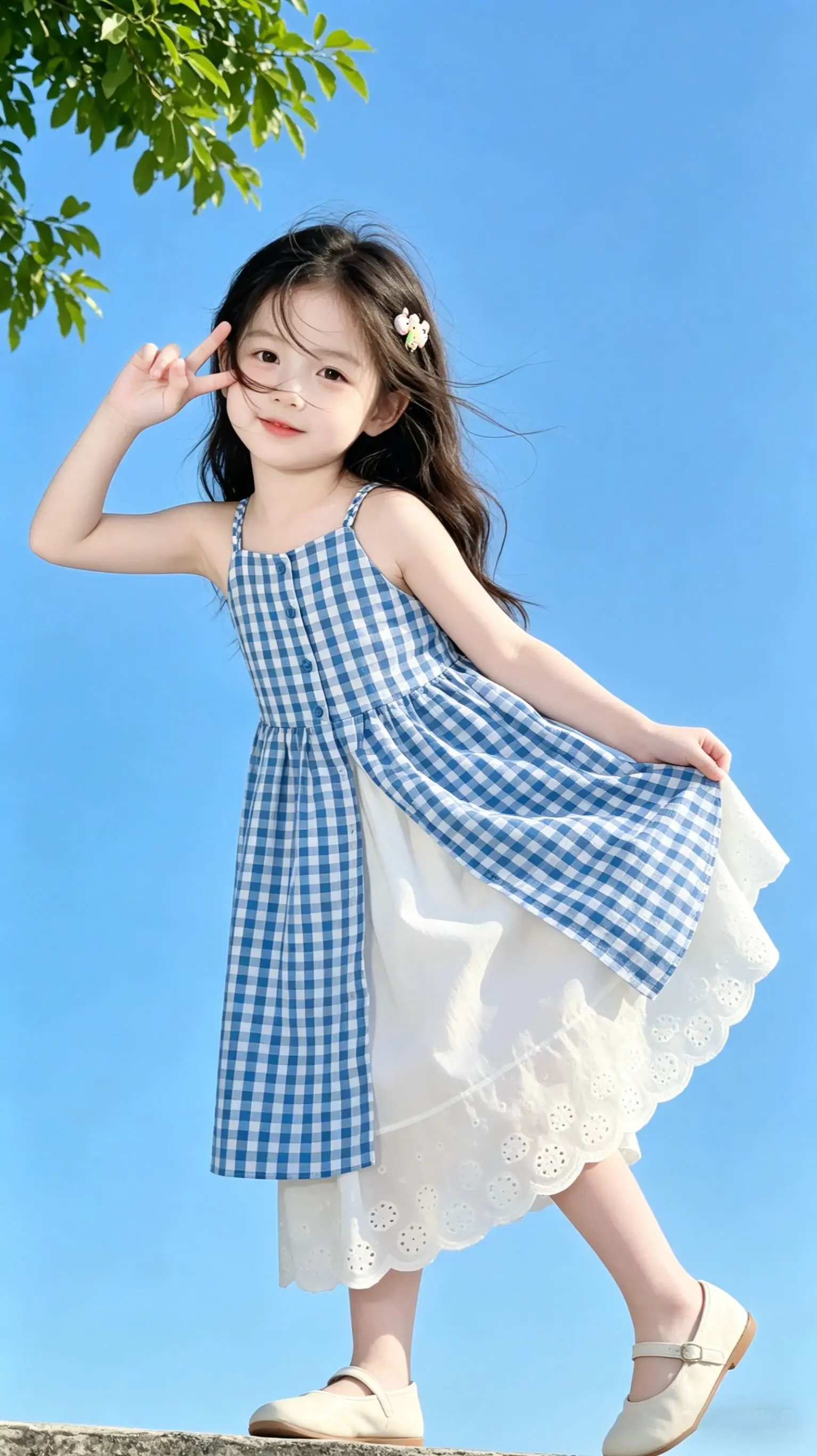 韩系女童吊带裙，海边拍照超出片。夏日清新感被这条蓝白格纹吊带裙拿捏了！...