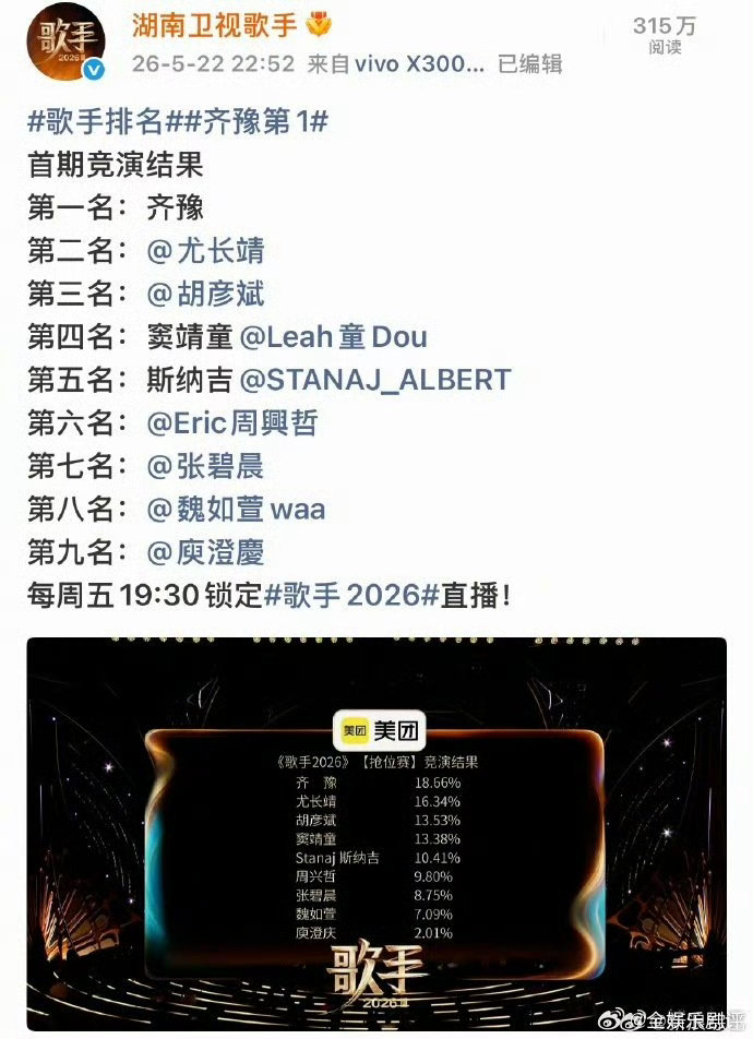 网传歌手第一期否了30首歌歌手2026节目组不将就的选曲标准让人佩服，首期直接筛
