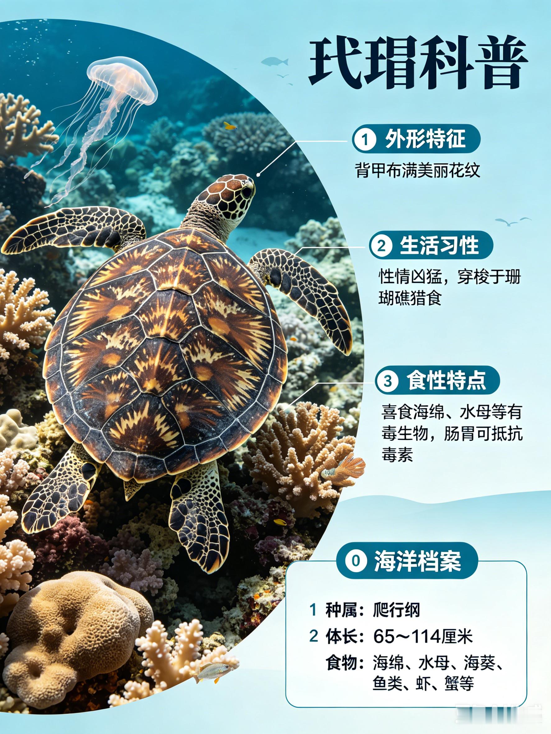 海洋朋友圈 玳瑁海洋档案种　属：爬行纲体　长：65～114厘米食　物：海绵、水母