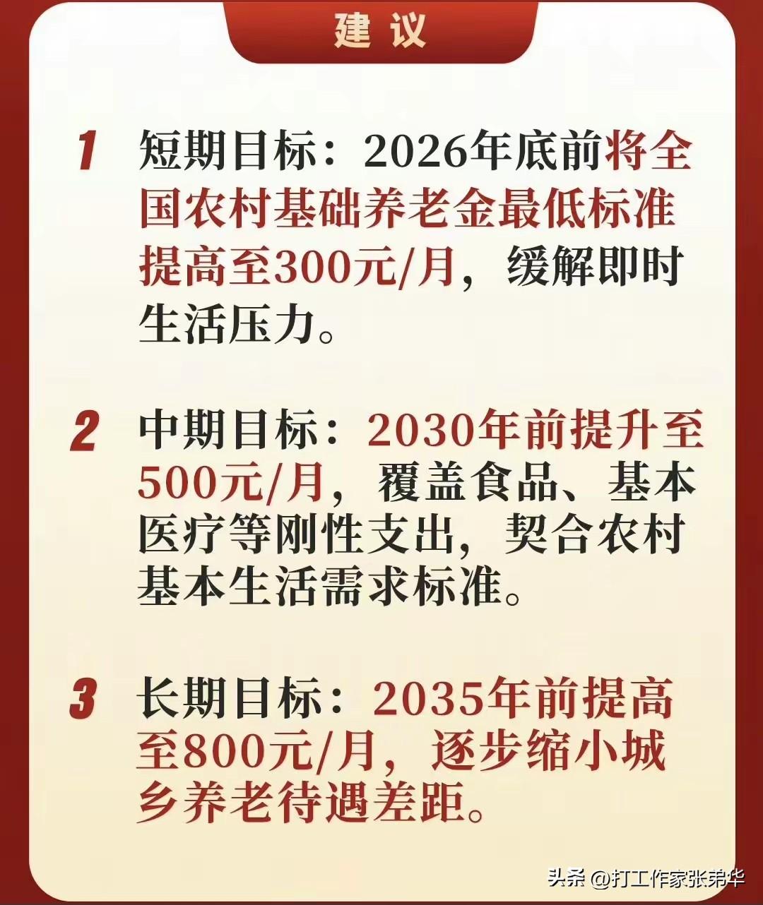 今年两会上有代表提出了2026年的短期目标是把农民的基础养老金涨到300元，看到