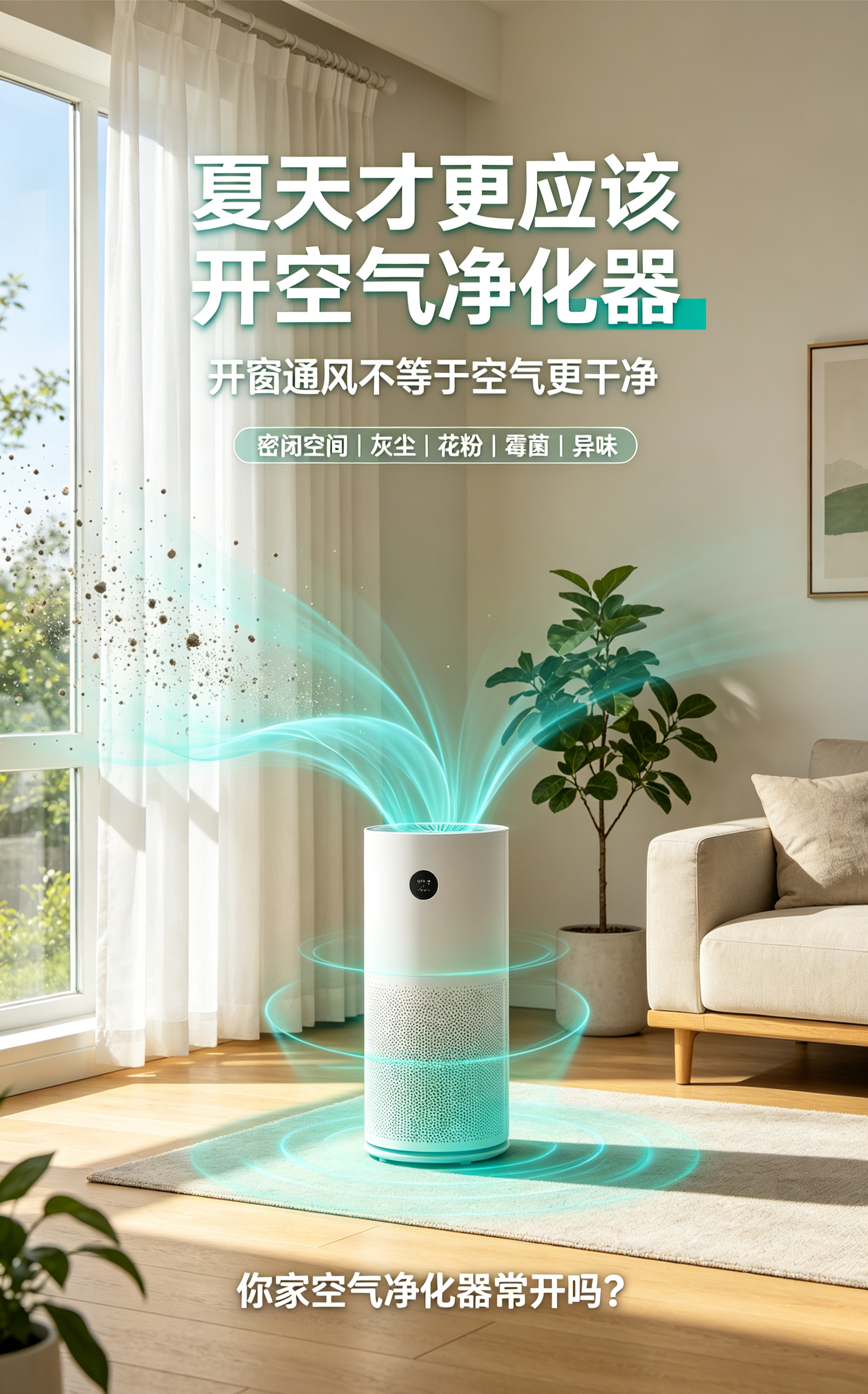 夏天才更应该开空气净化器不少人一到夏天就把空气净化器收进柜子，觉得开窗通风就足够
