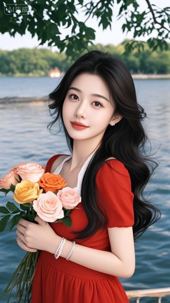 夏日湖畔，红裙少女与花束的浪漫邂逅