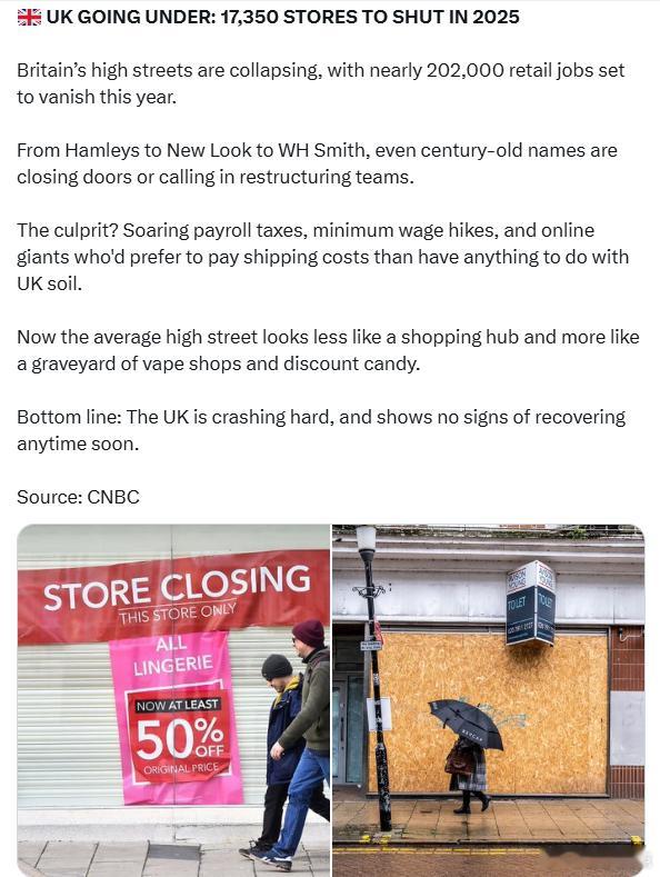 英国陷入危机：2025年将关闭17,350家商店英国的商业街正在崩塌，今年预计将