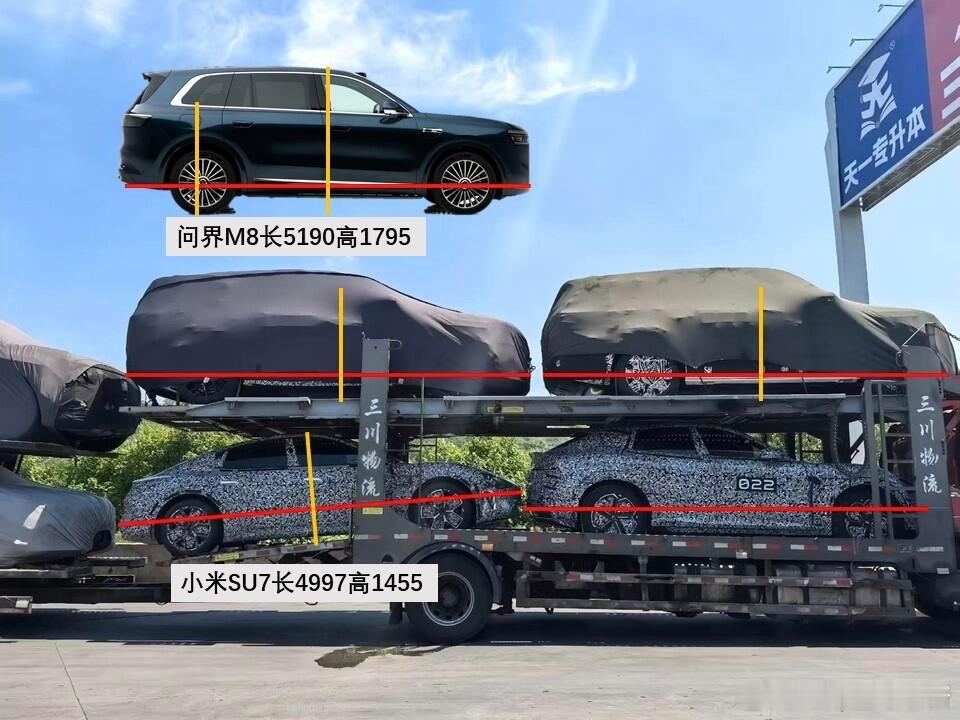 有网友拍到了运输车上带有伪装的小米汽车，看到了 SU7、YU7，以及一辆没有见过