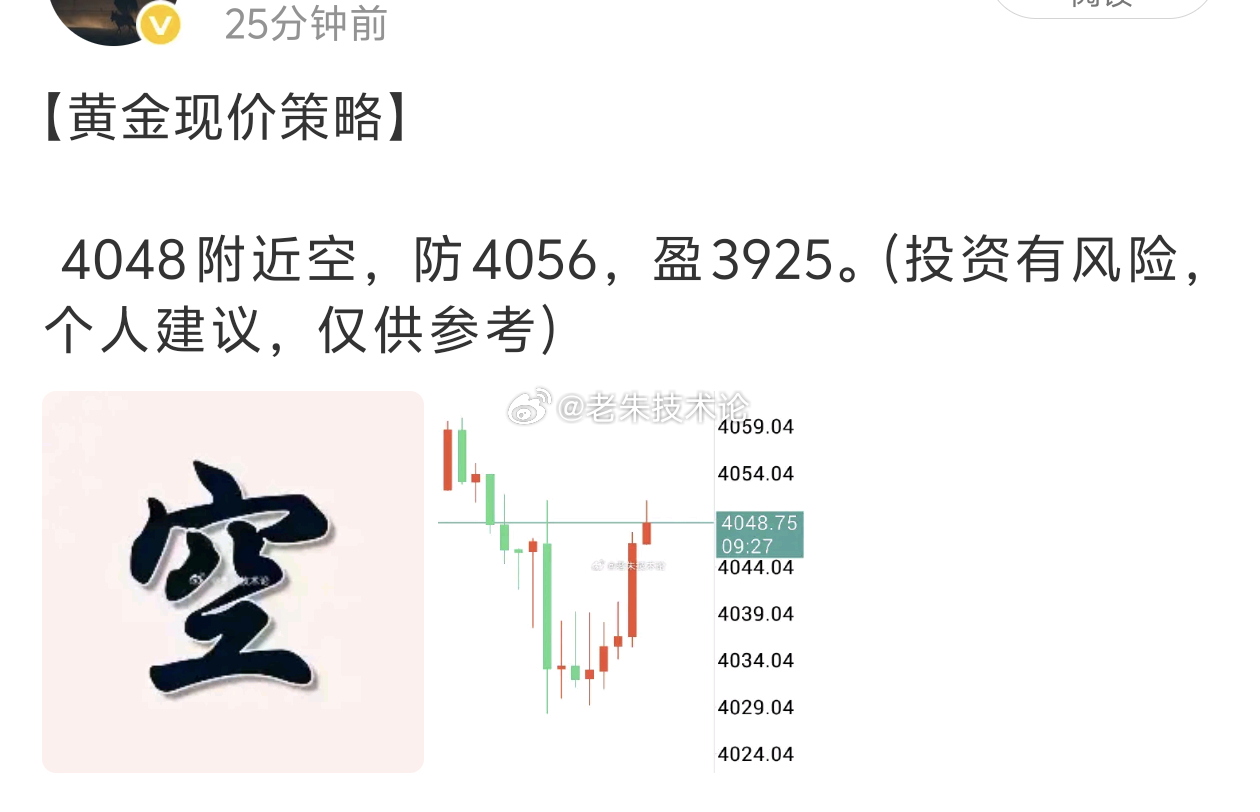 【黄金空单获利离场】黄金4048附近进空，行情回落4037获利110点离场。行情