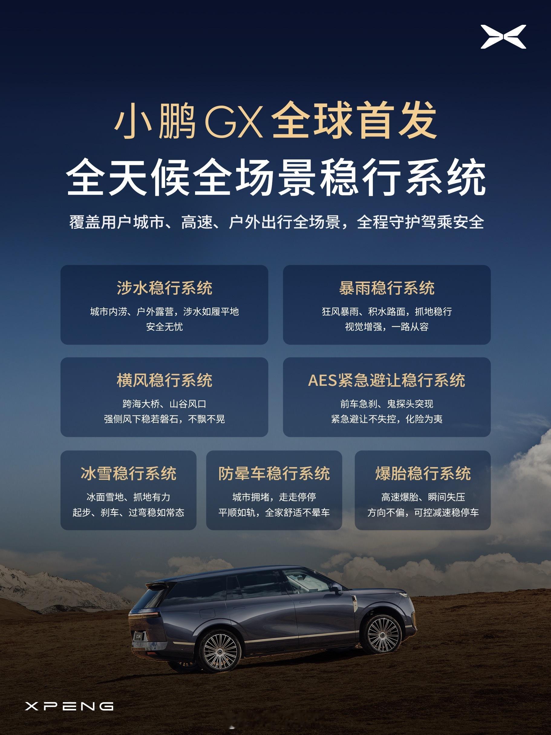 小鹏GX行业首发「全天候全场景稳行系统」，全面覆盖城市、高速与户外场景。涉水稳行