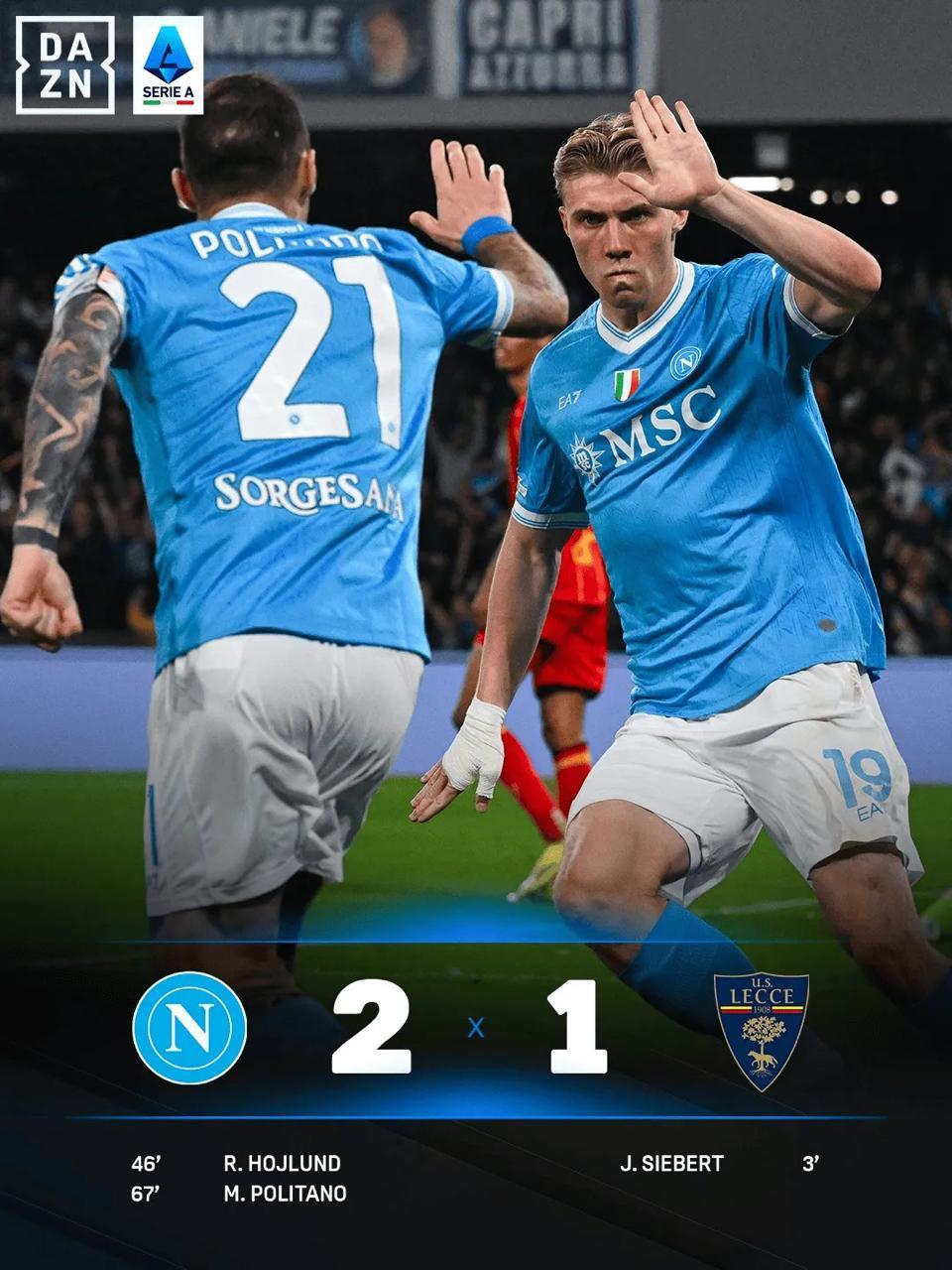 那不勒斯2-1逆转莱切，霍伊伦破门，波利塔诺传射03月15日讯 在刚刚结束的一场