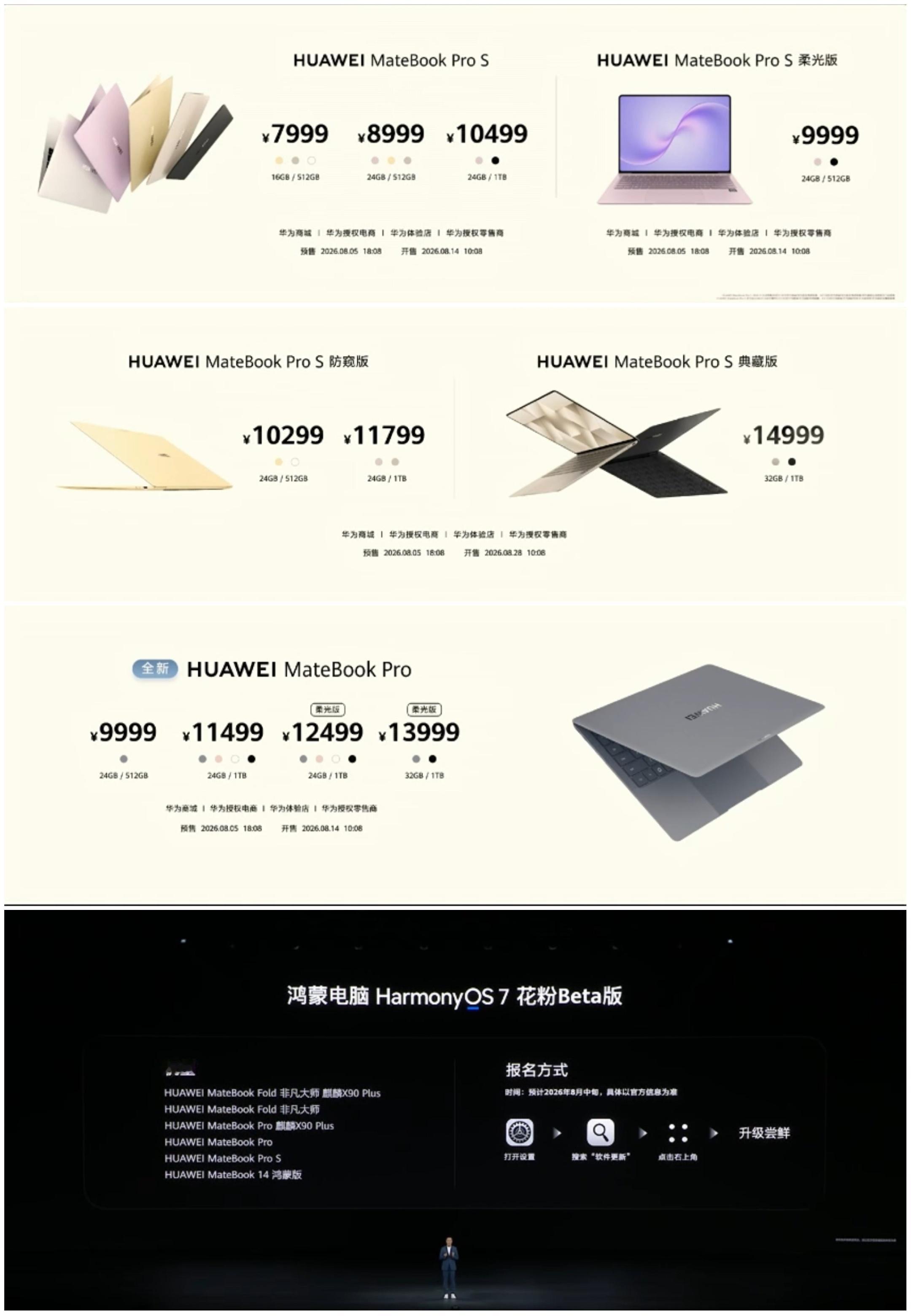 华为发布会 全新MateBook Pro和Pro S 价格如下，鸿蒙PC 鸿蒙7