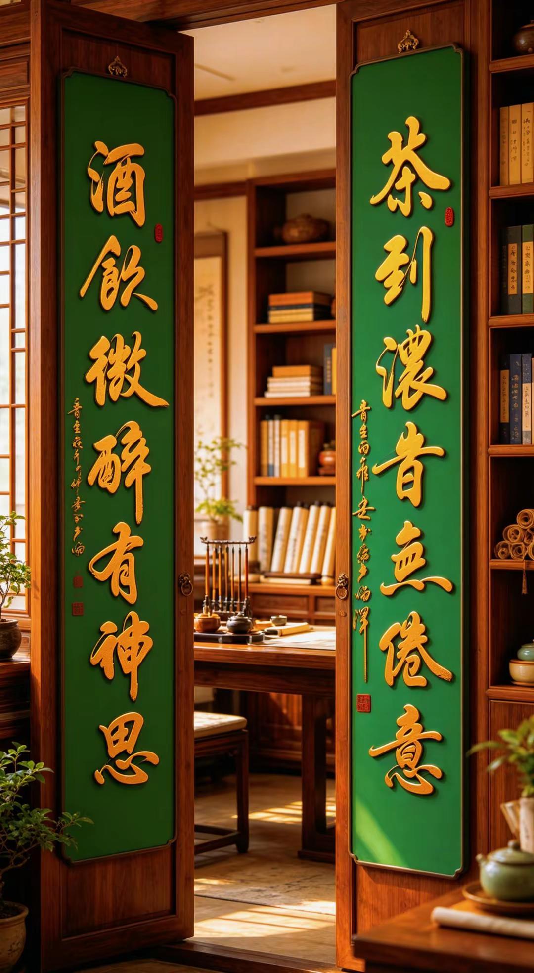 维安书法作品展示。AI书房金凸绿底对联场景