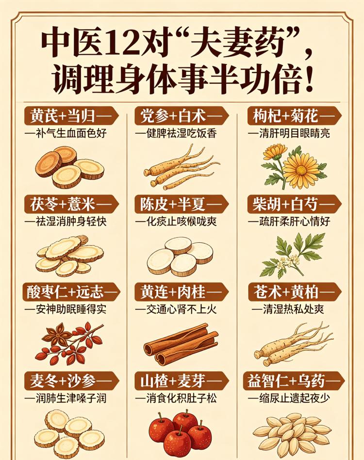 中医里的12对“夫妻药”！记住了，调理身体，事半功倍！

1. 黄芪+当归——补