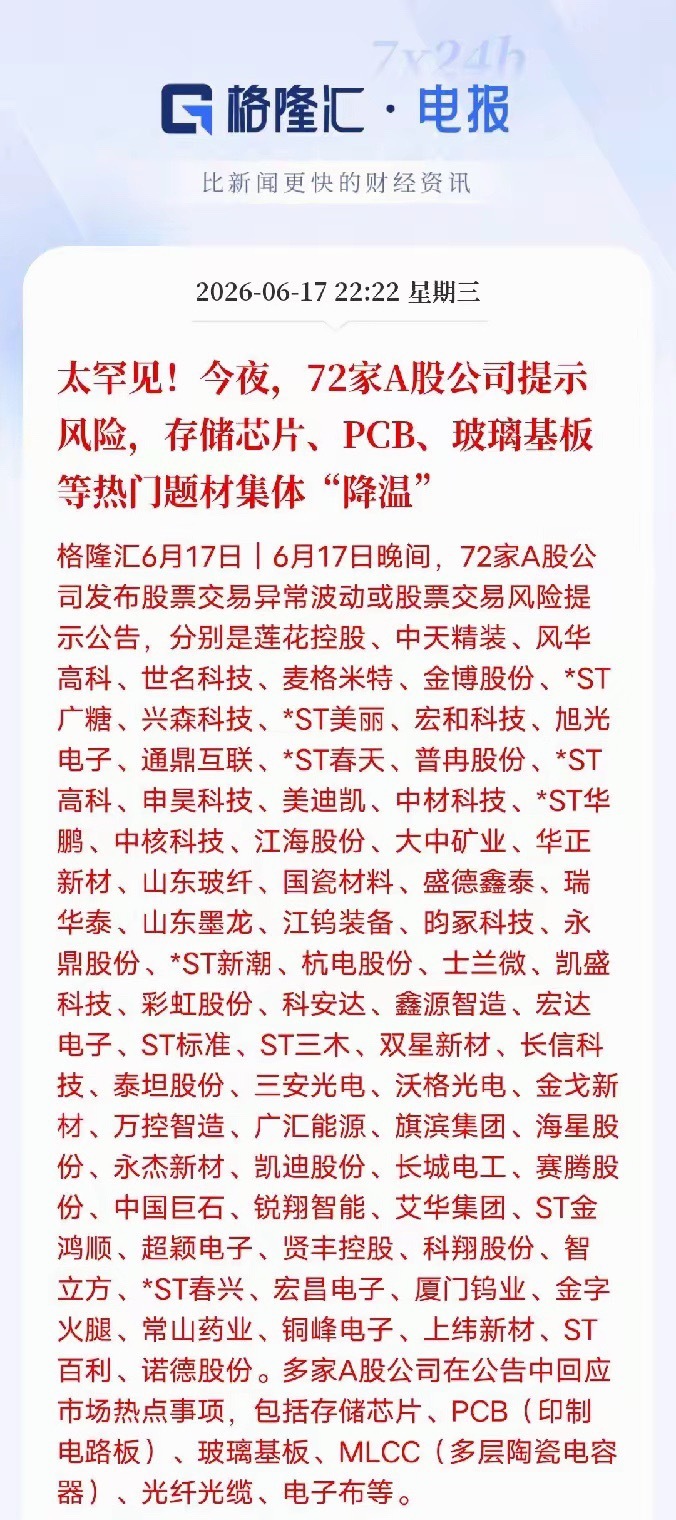 72家A股公司提示风险72家A股连夜发风险公告，题材炒作全面降温。一夜72家上市