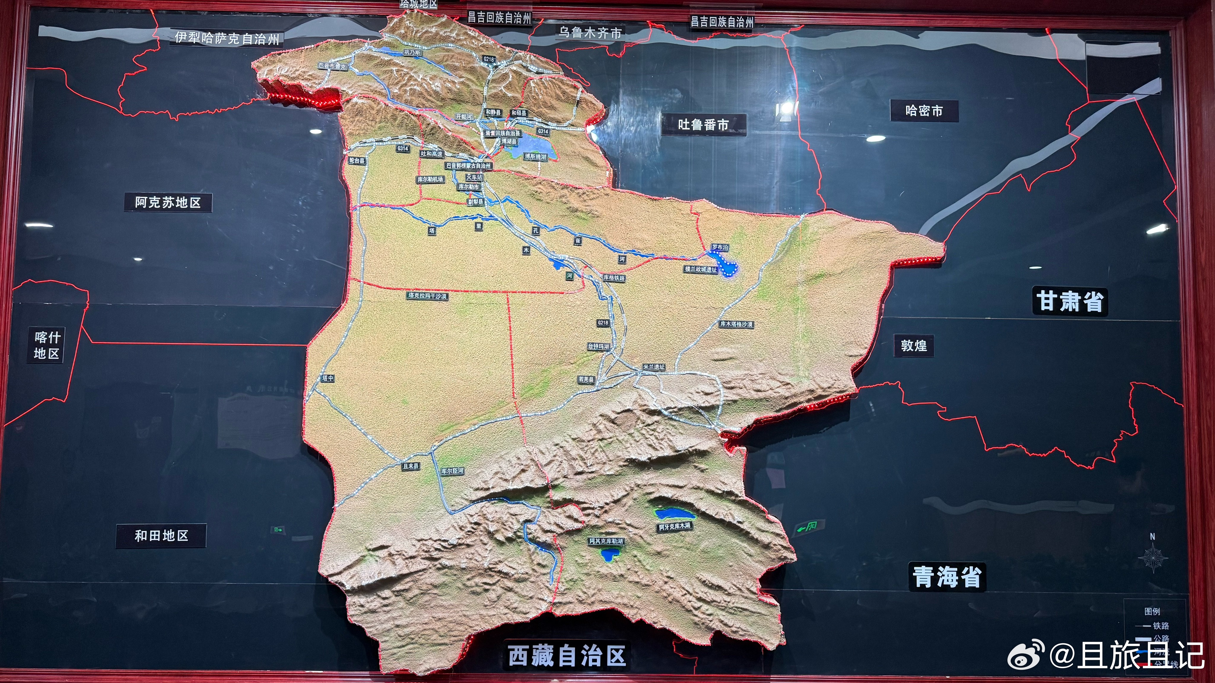 在库尔勒巴州博物馆看到的巴州地图。巴音郭楞蒙古自治州简称巴州，州府为库尔勒市，是
