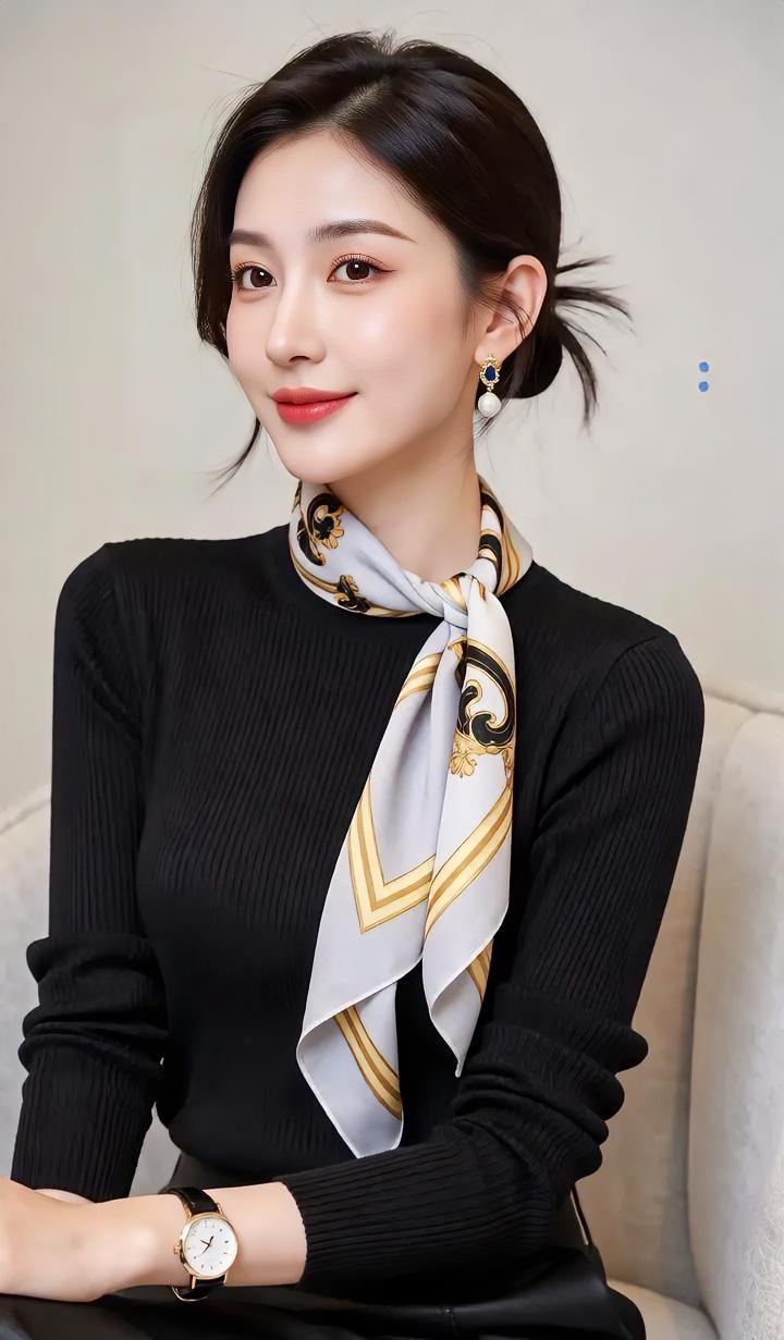 《优雅时光》

丝巾轻系俏模样，

黑衫简约显大方。

腕间时钟滴答响，

笑语