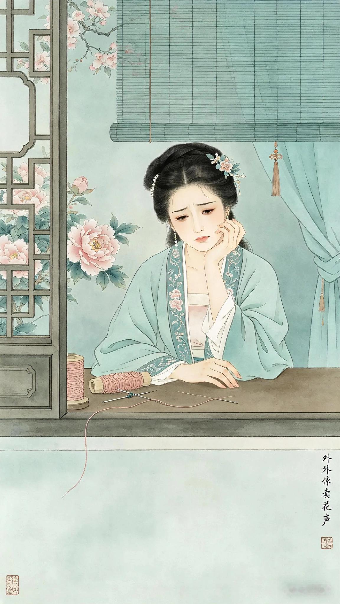 《越调》天净沙为董针姑作、吕止庵。
玉纤屈损春葱，
远山压损眉峰。
早是闲愁万种