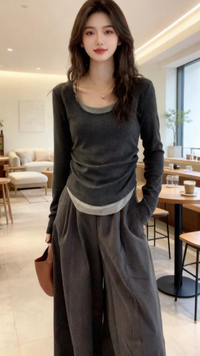 打底衫搭配 假两件长袖t恤