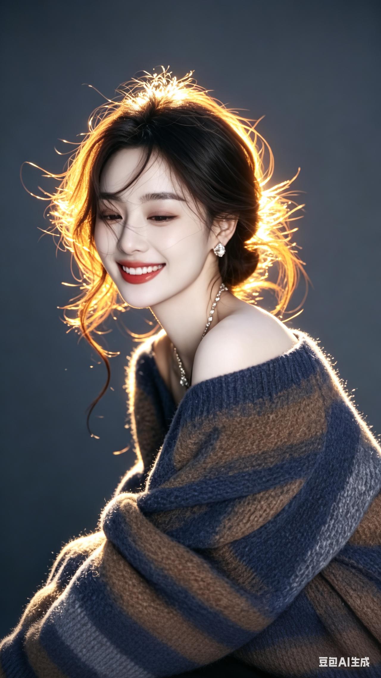 美女深棕波浪慵懒扎发，发丝发光随风轻扬，瓜子脸搭配樱桃小嘴与红润唇瓣，冷白肌肤细