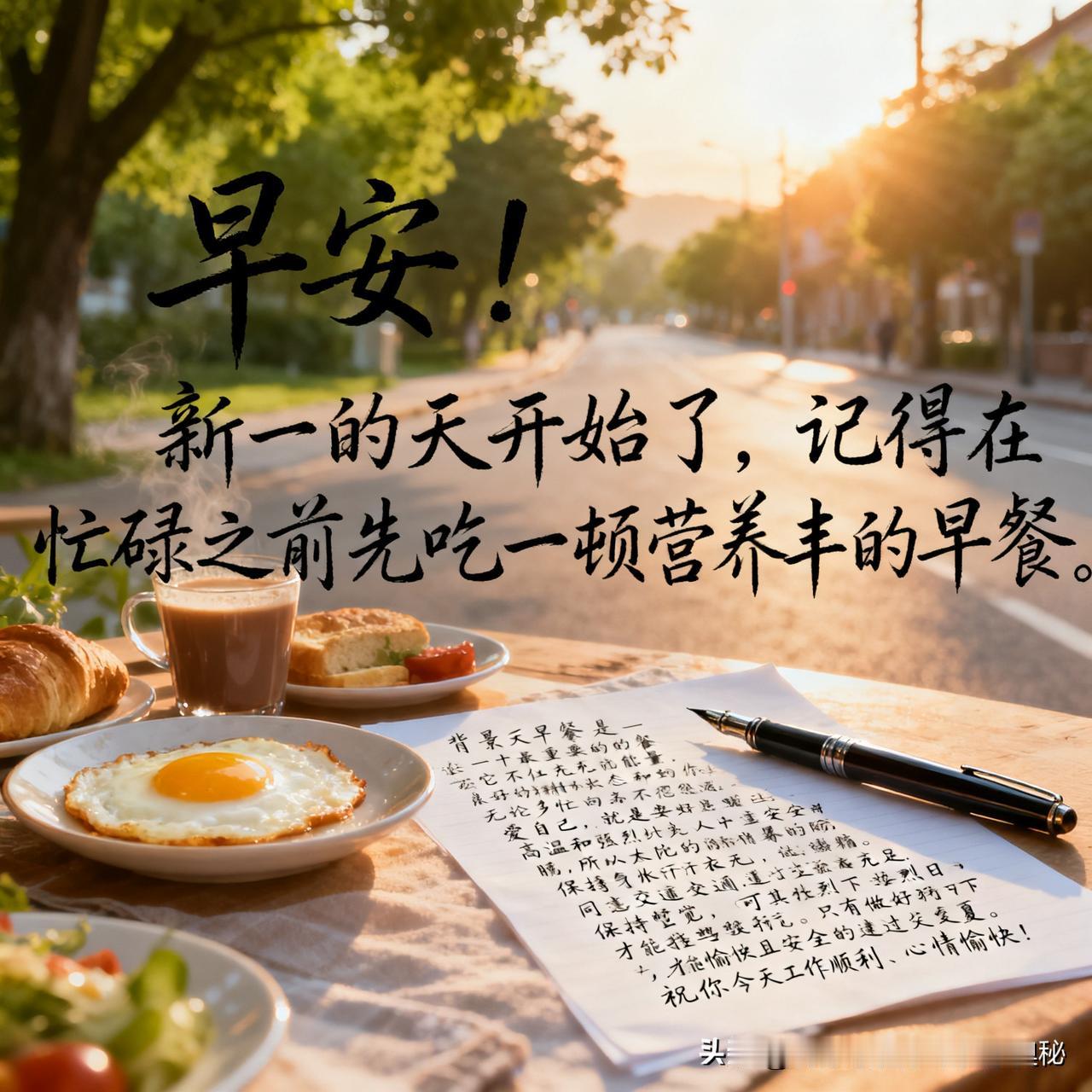 早安！新的一天开始了，记得在忙碌之前先吃一顿营养丰富的早餐。早餐是一天中最重要的