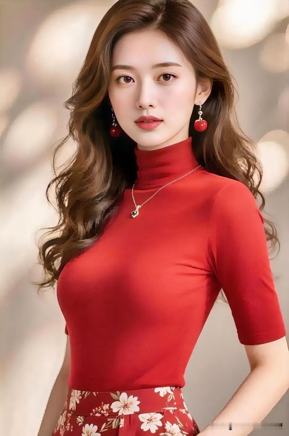 一袭红裙，点燃了时光的绚烂。如烈焰般炽热的明眸，与摇曳的卷发共舞。温婉中透着自信
