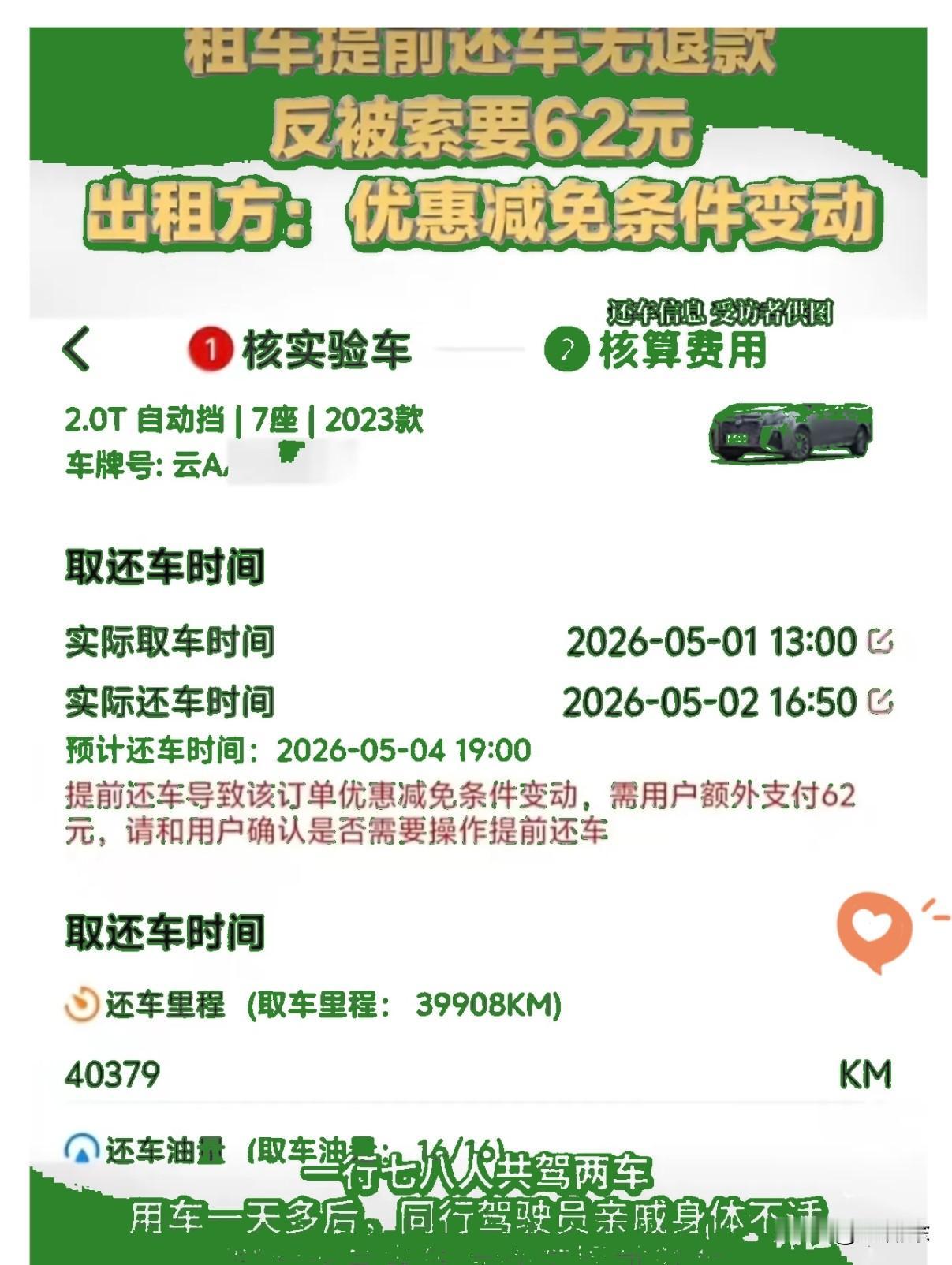 咋觉得这事有点奇葩呢
提前还车不仅一分不退，还得倒找商家钱。

昆明龚女士五一租