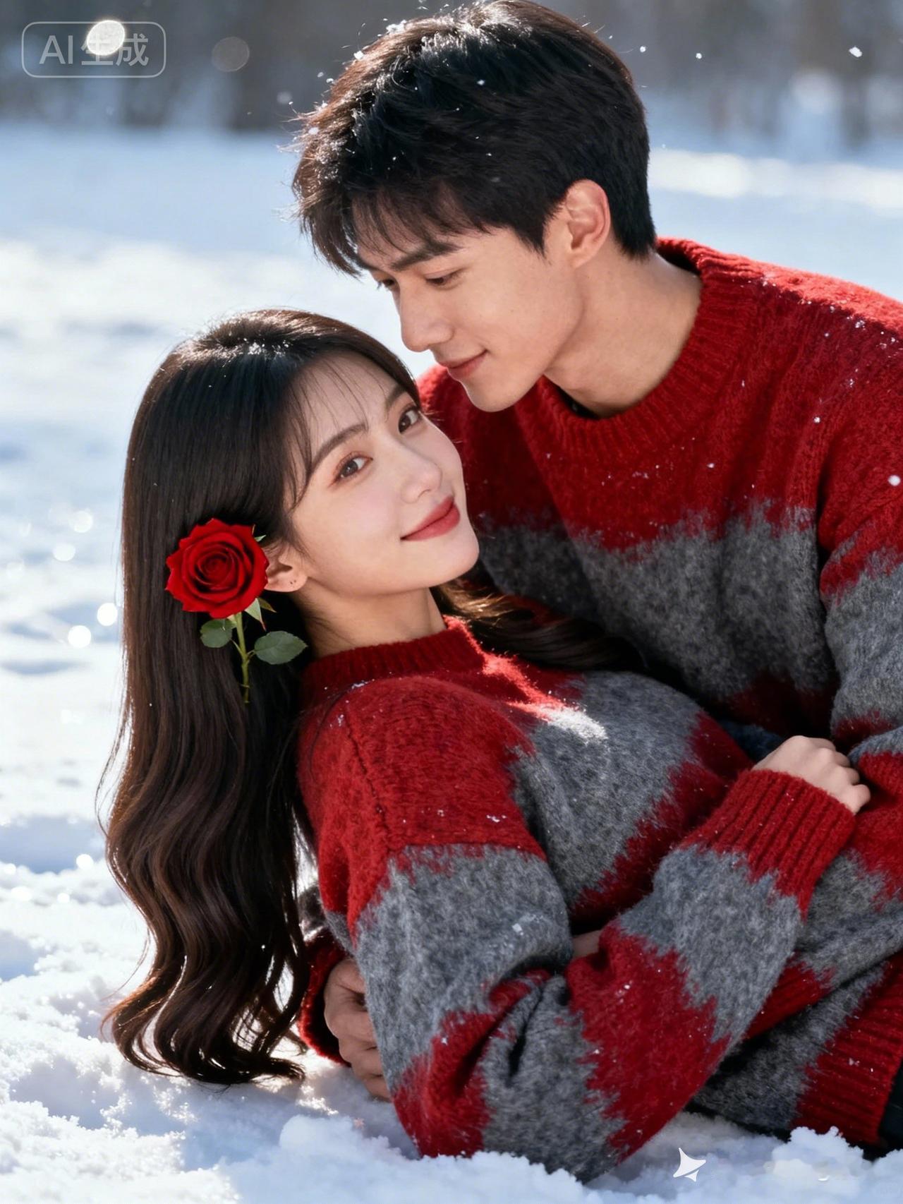 冬日暖阳下的甜蜜瞬间，红衣情侣在雪地中依偎，浪漫气息扑面而来。