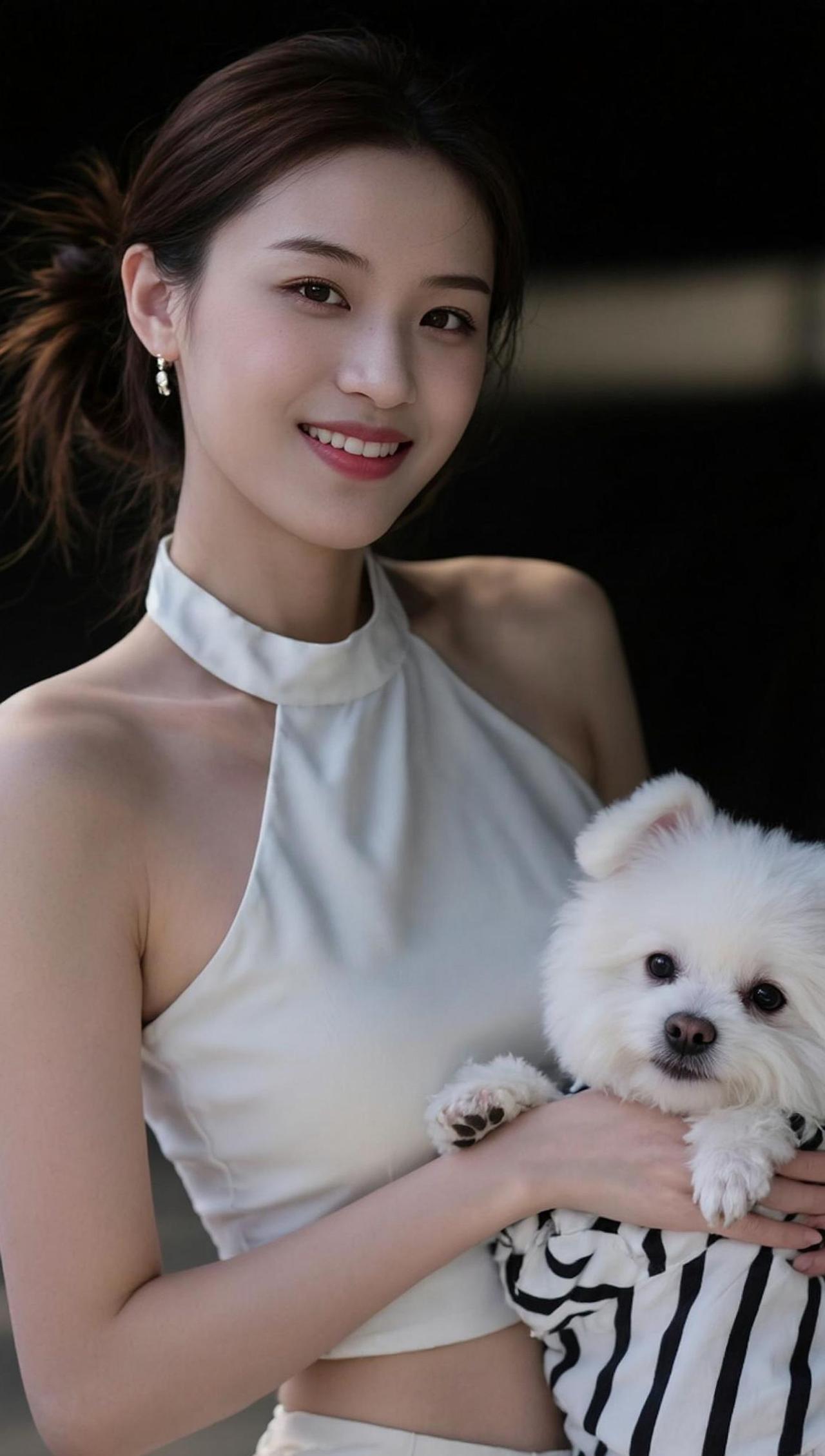 在温暖的灯光下，她与小狗的互动仿佛是生活中最柔软的瞬间。白色的连衣裙与小狗的毛色
