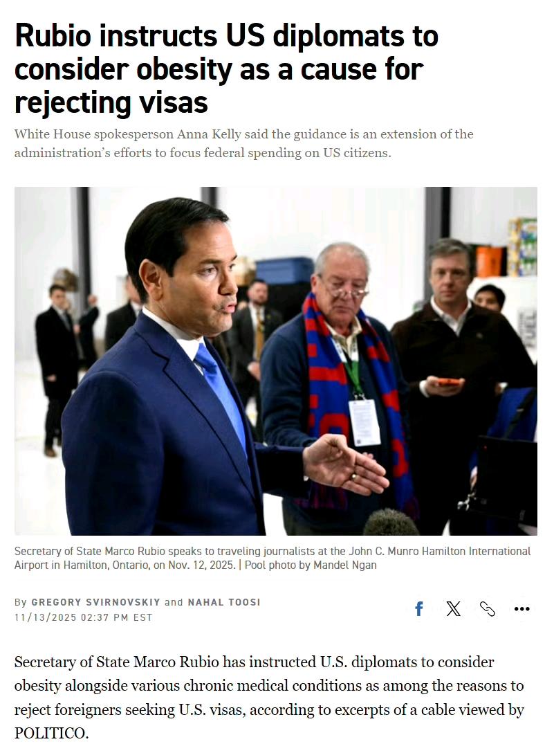 美国国务卿鲁比奥近期发布了最新的签证指南：拒签胖子和慢性病患者，因为这些胖子和慢