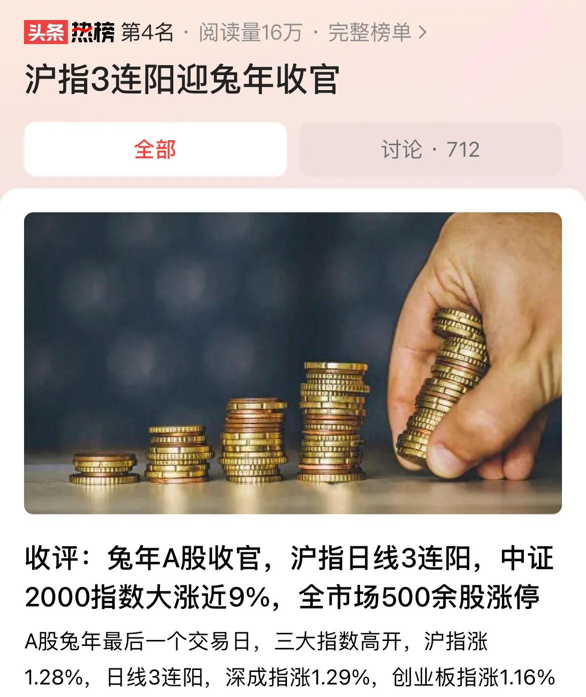 #沪指3连阳迎兔年收官#沪指3连阳迎兔年收官，A股迎来春节红包行情。大票调整、小
