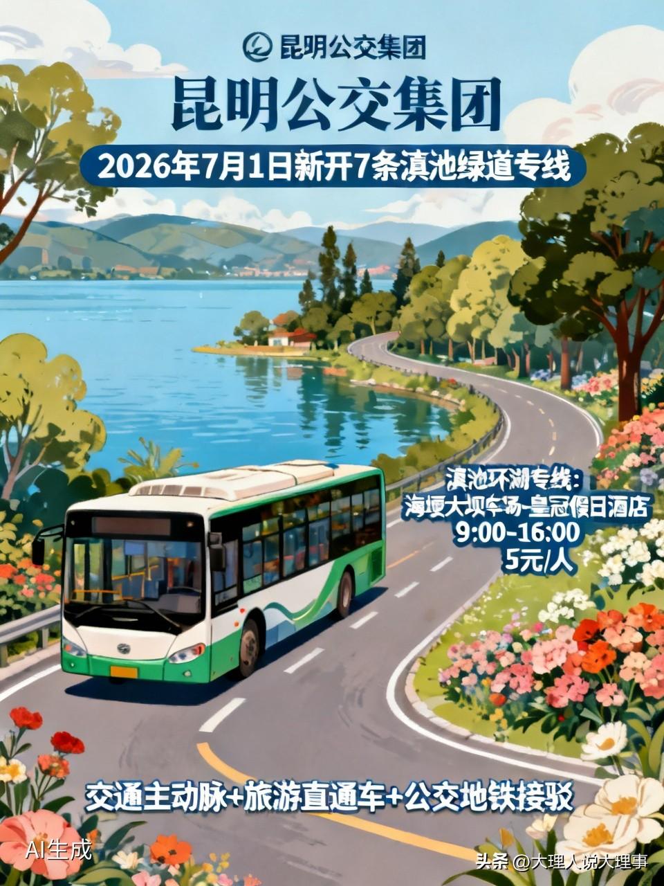 🚎昆明公交集团搞大动作啦！2026年7月1日要新开7条服务滇池绿道的专线。
