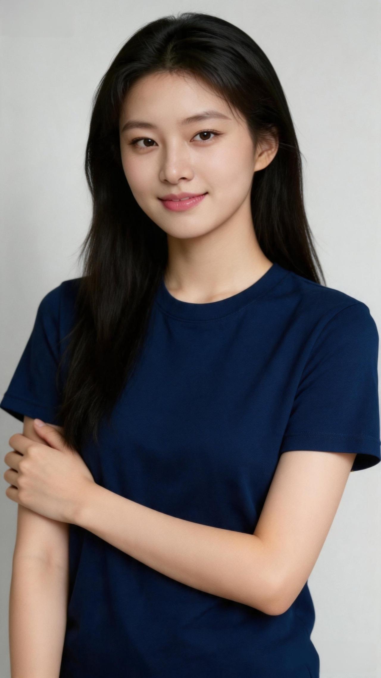 温柔微笑，简约蓝T恤，元气少女风