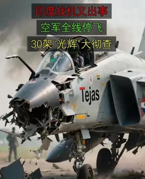 【印度空军一架"光辉"战斗机本月7日在完成训练返回基地时冲出跑道，机身受损严重】