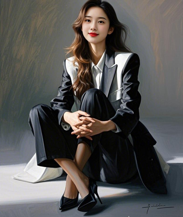 上联：白领黑裳，长发曳肩彰睿智
下联：高跟职业，红唇映靥展从容