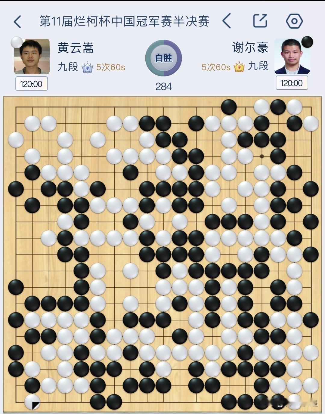 许嘉阳黄云嵩闯入烂柯杯中国冠军赛决赛。两位选手均执白，分别击败李维清，谢尔豪闯入