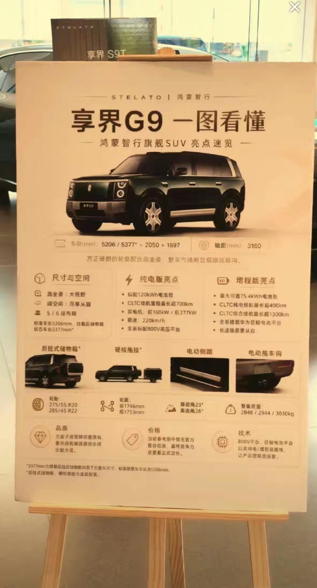 一张图看懂享界G9 的产品配置信息，明天就开启预售小定了，明天14:30发布会上