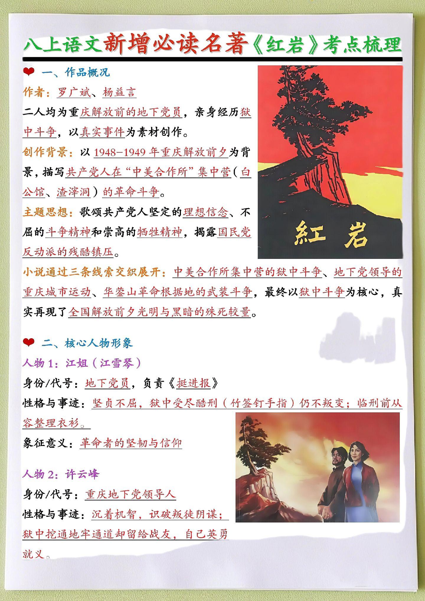语文上册必读名著《红岩》高频考点梳理，掌握好了，开学才能不掉队！