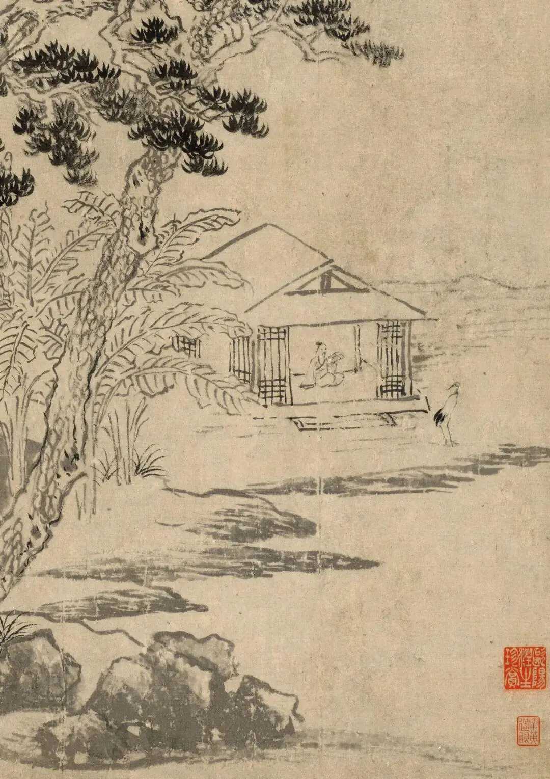 王翚《松溪茅屋图》，纸本 62×40 cm。苍松独立，翠竹数竿，矮屋一椽，围短篱