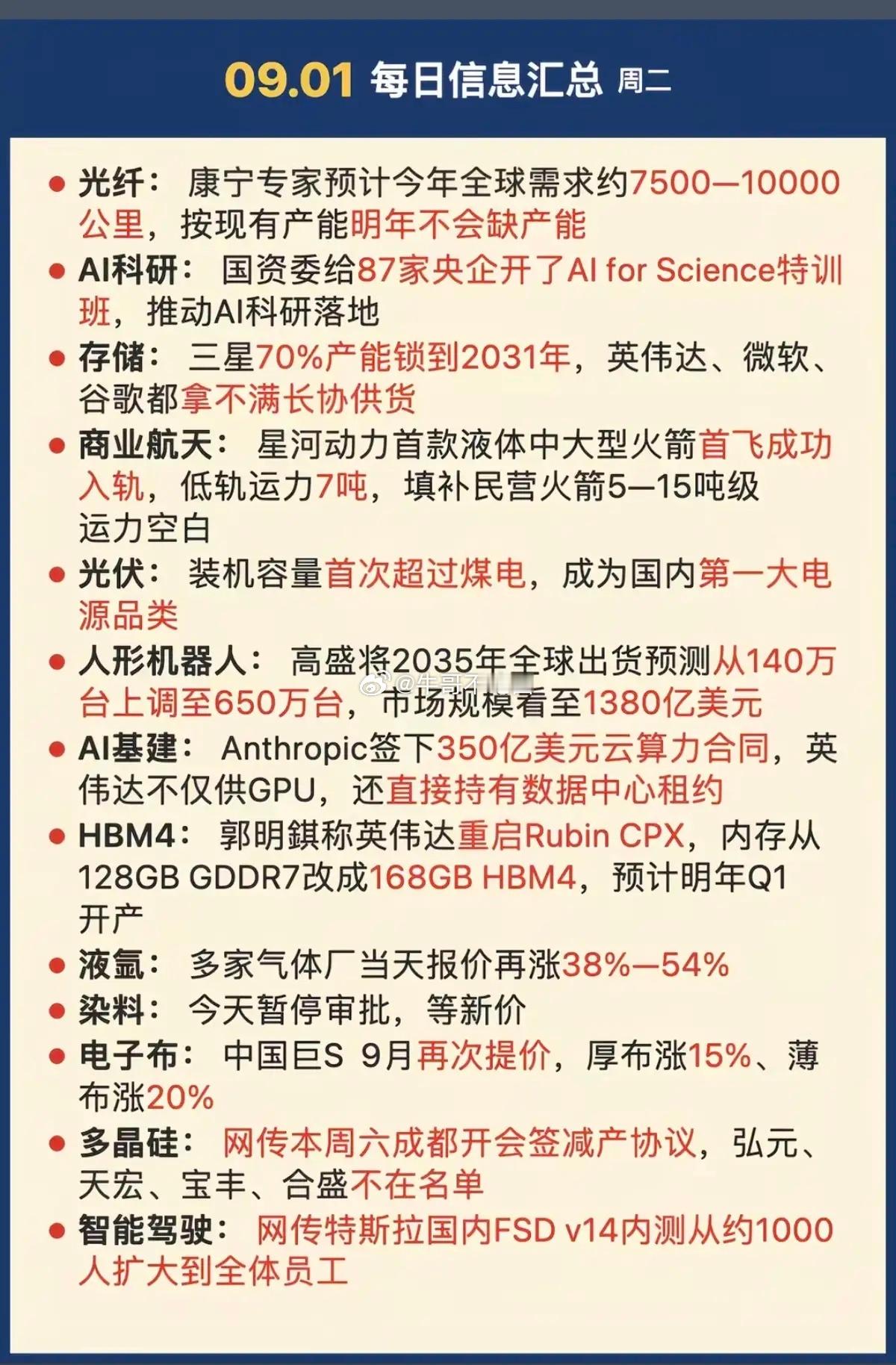 9.01周二  晚间：财经资讯+市场信息！1.光纤光缆2.存储芯片，三星3.商业
