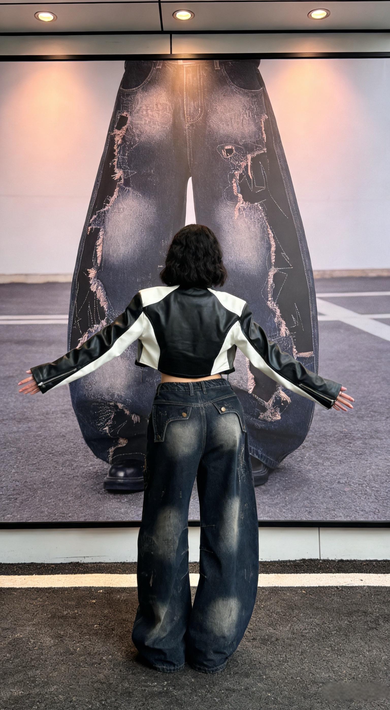 设计感重工解构做旧废土风牛仔裤男款潮复古破洞拖地阔腿弯刀裤