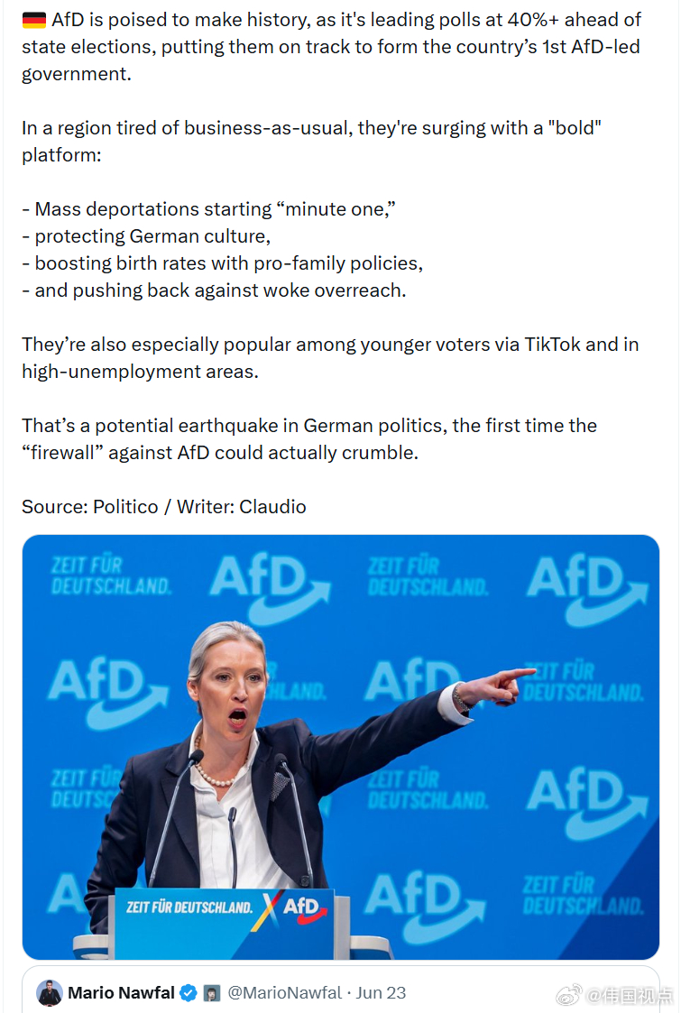 AfD 正准备创造历史，在州选举前的民调中以 40%+ 的支持率领先，有望组建德