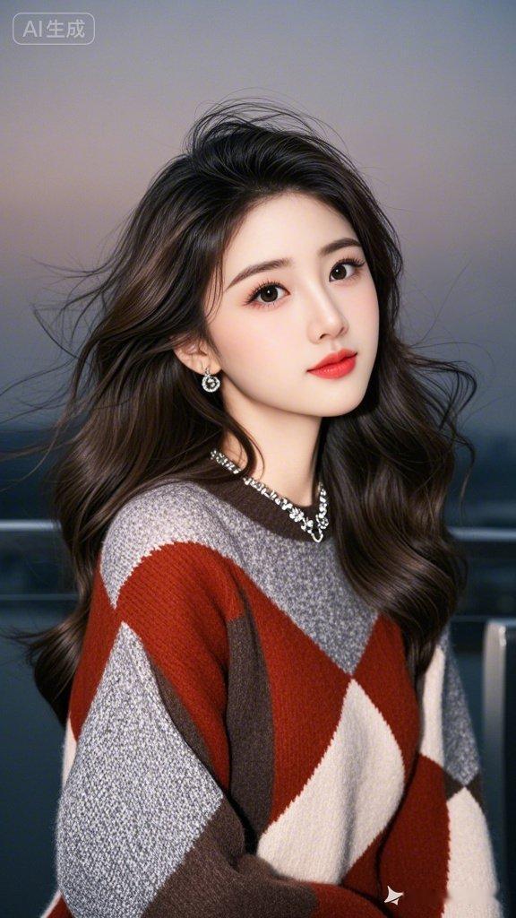 温柔甜美的少女，红唇与耳环相得益彰，毛衣的温暖色调，让人心生暖意。