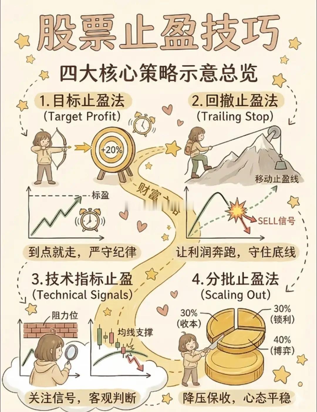 📈 股票止盈不迷茫，四大核心策略来护航：目标止盈守纪律，到点就走不贪恋；回撤止