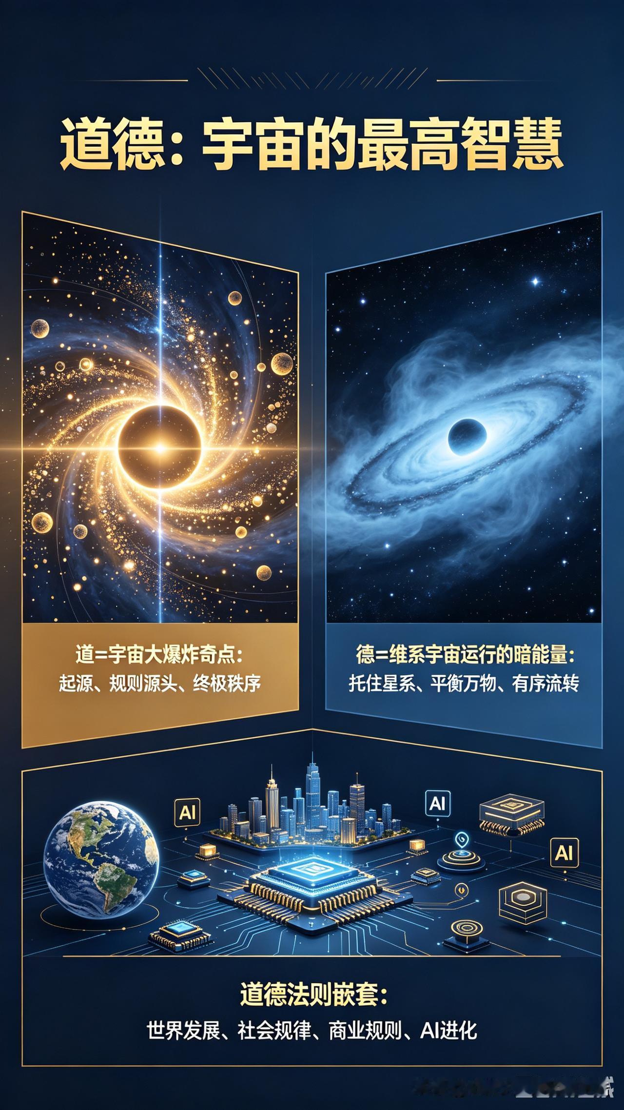 道德是宇宙最高智慧，道是宇宙大爆炸的奇点，德是维持宇宙运行的暗能量。道=宇宙大爆