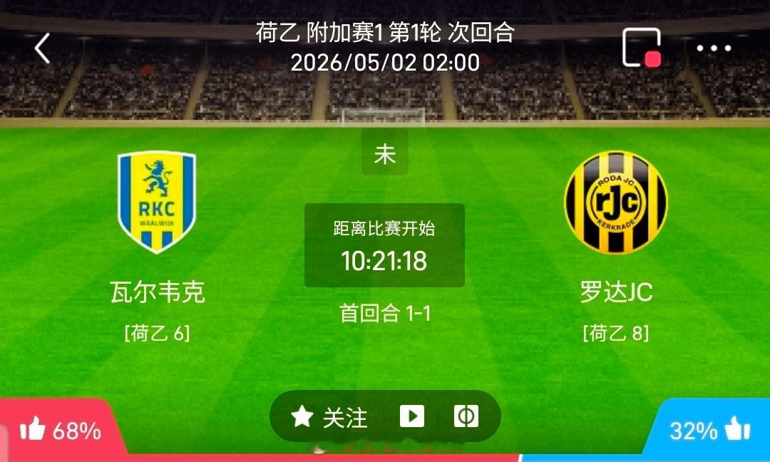 【足球】周五002荷乙方向：瓦尔韦克vs罗达JC荷乙 瓦尔韦克 VS 罗达JC比