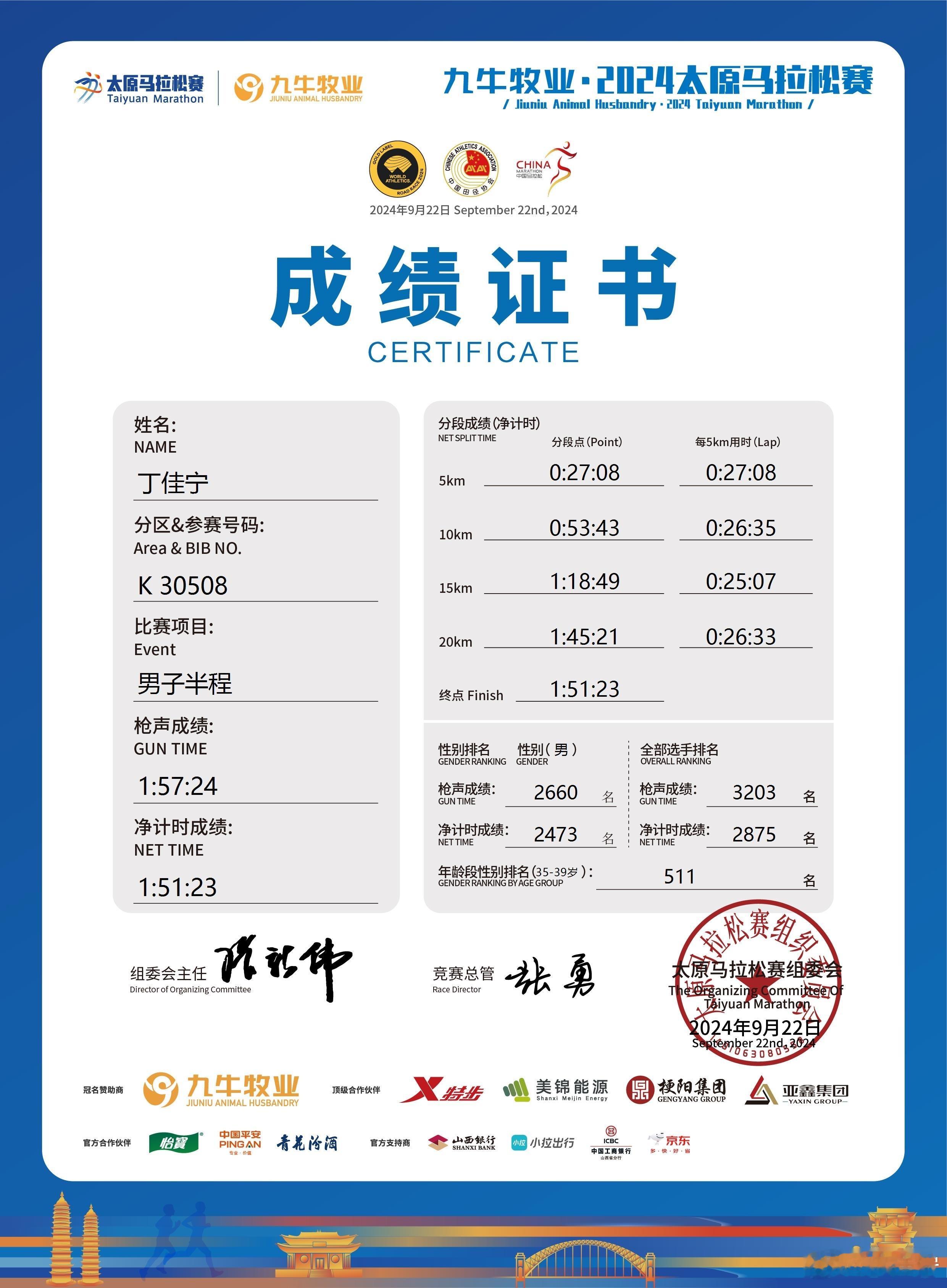 纪念一下[嘻嘻]第一张成绩单#马拉松##太原马拉松##2024太原马拉松##半程