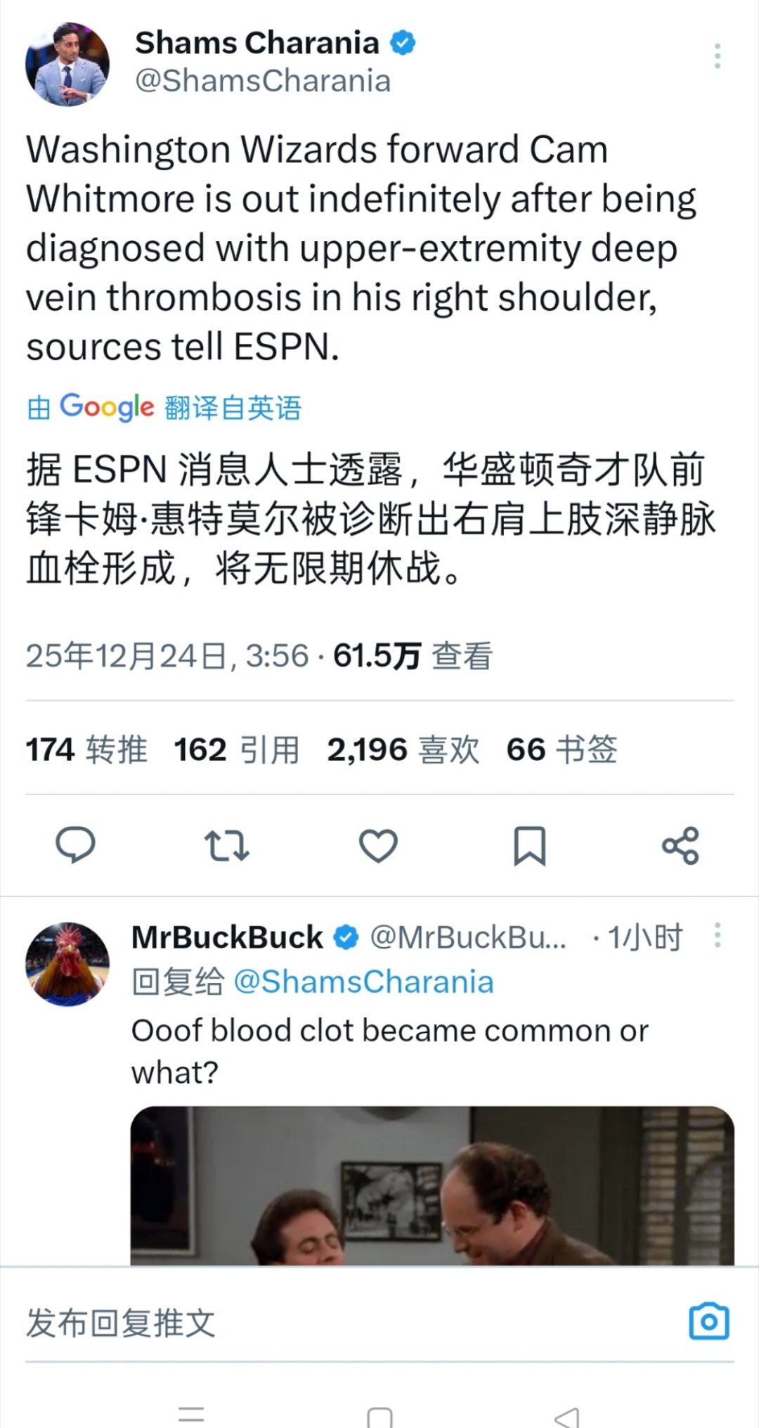 ▲不妙！！Shams:奇才的惠特摩尔因为右肩上肢深静脉血栓形成，将无限期休战▲本