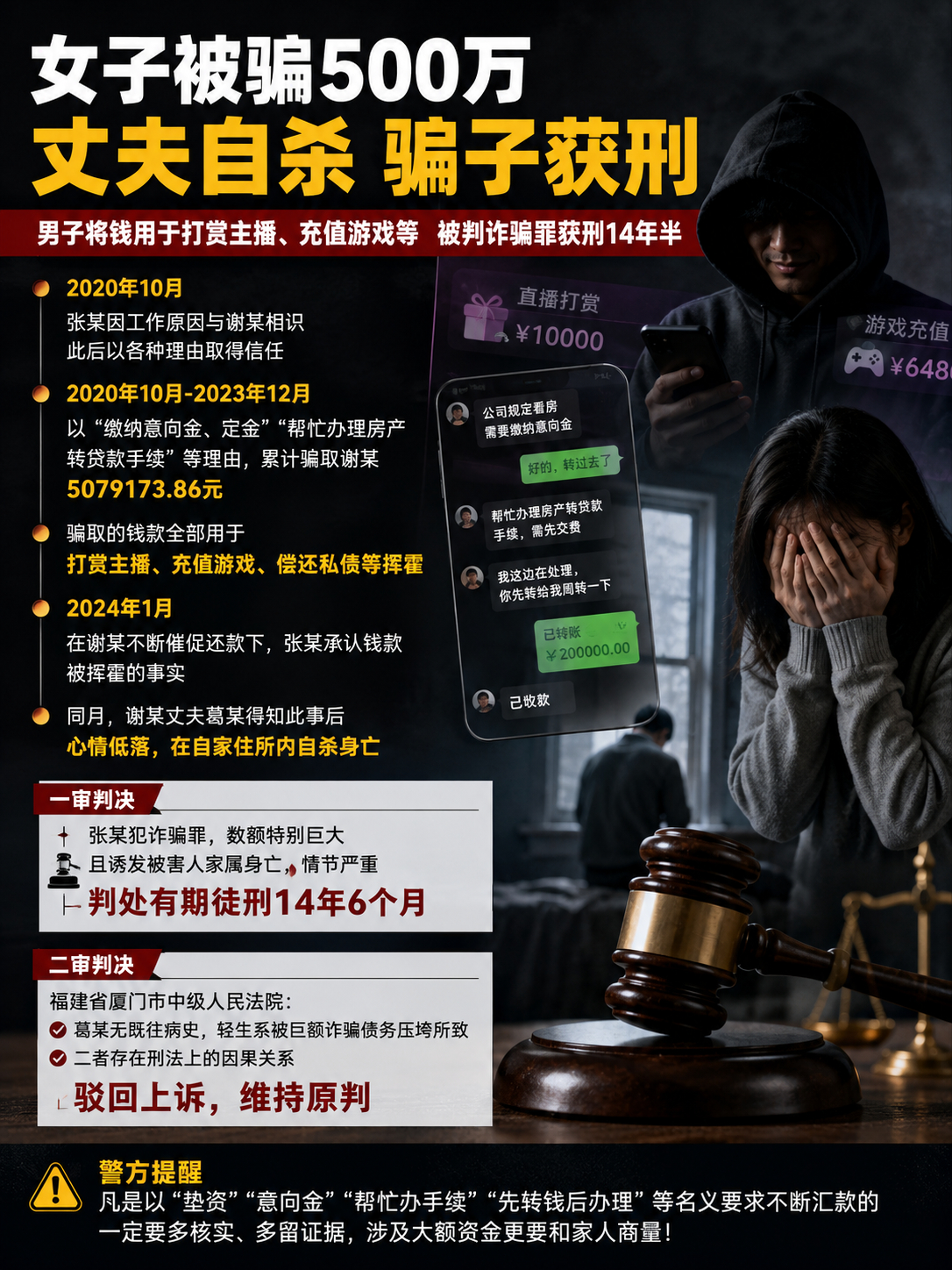 女子被骗500万丈夫自杀骗子获刑500万被骗没能压垮骗子，却压垮了一个无辜的家庭