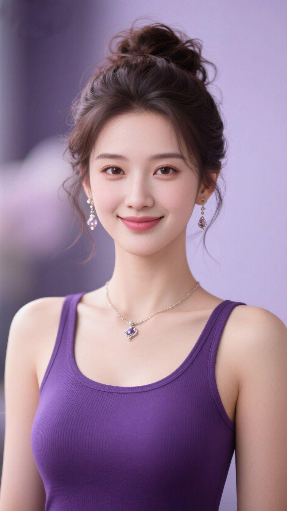 紫衣浅笑蕴温柔
 
淡紫色的背景晕染开柔缓的氛围，她身着绛紫背心，蓬松的丸子头挽