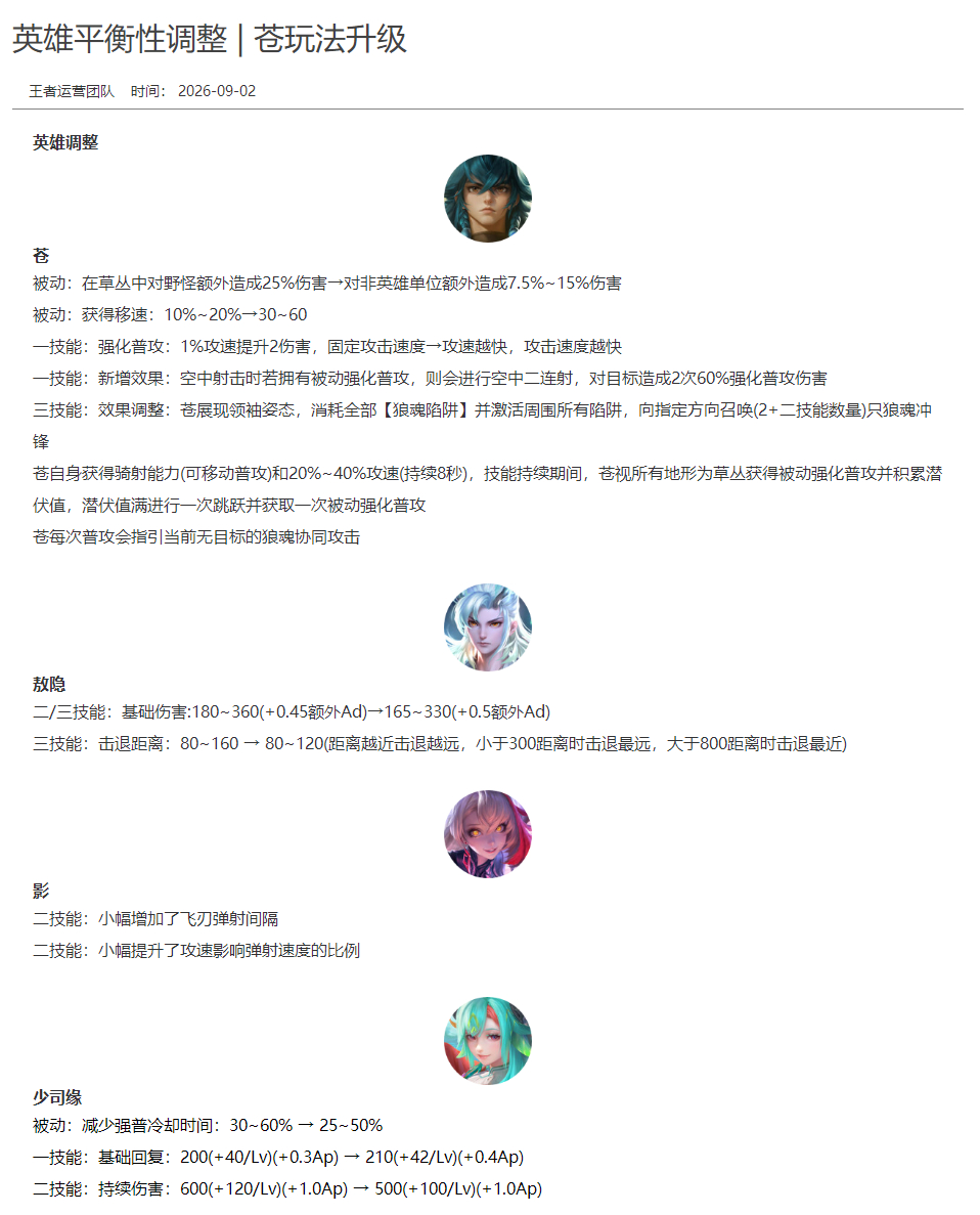 王者苍玩法升级王者荣耀 苍被动：在草丛中对野怪额外造成25%伤害→对非英雄单位额