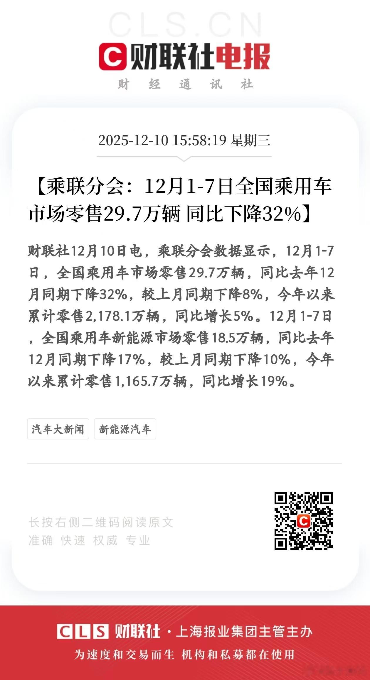 乘联分会：12月1-7日全国乘用车市场零售29.7万辆 同比下降32%市场这么冷